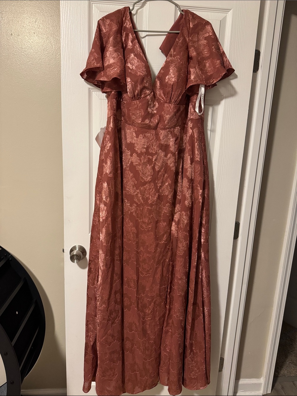 Rose Floral Jacquard Flutter Sleeve Maxi Dress